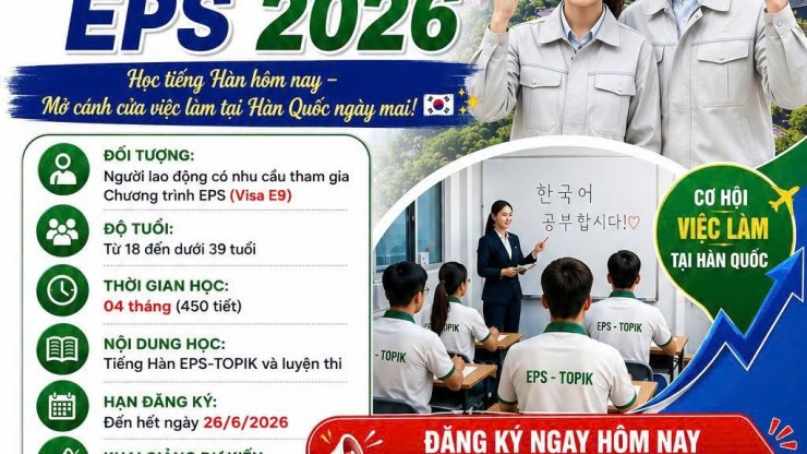 THÔNG BÁO CHIÊU SINH TIẾNG HÀN CHƯƠNG TRÌNH EPS 2026