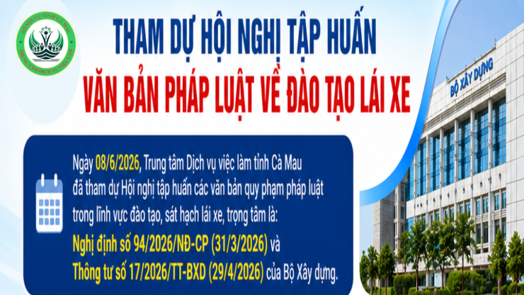 📢 Trung tâm Dịch vụ việc làm Cà Mau tham dự Hội nghị tập huấn văn bản Quy phạm pháp luật trong lĩnh vực đào tạo lái xe