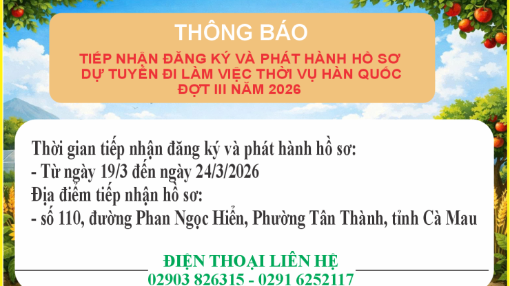Thông báo tiếp nhận đăng ký và phát hành hồ sơ đăng ký dự tuyển đi làm việc thời vụ Hàn Quốc đợt III năm 2026