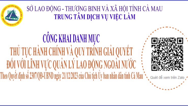 Danh mục thủ tục hành chính được sửa đổi, bổ sung lĩnh vực quản lý lao động ngoài nước thuộc thẩm quyền giải quyết của Sở Lao Động TB&XH tỉnh Cà Mau
