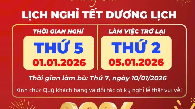 Thông báo lịch nghỉ tết Dương lịch năm 2026
