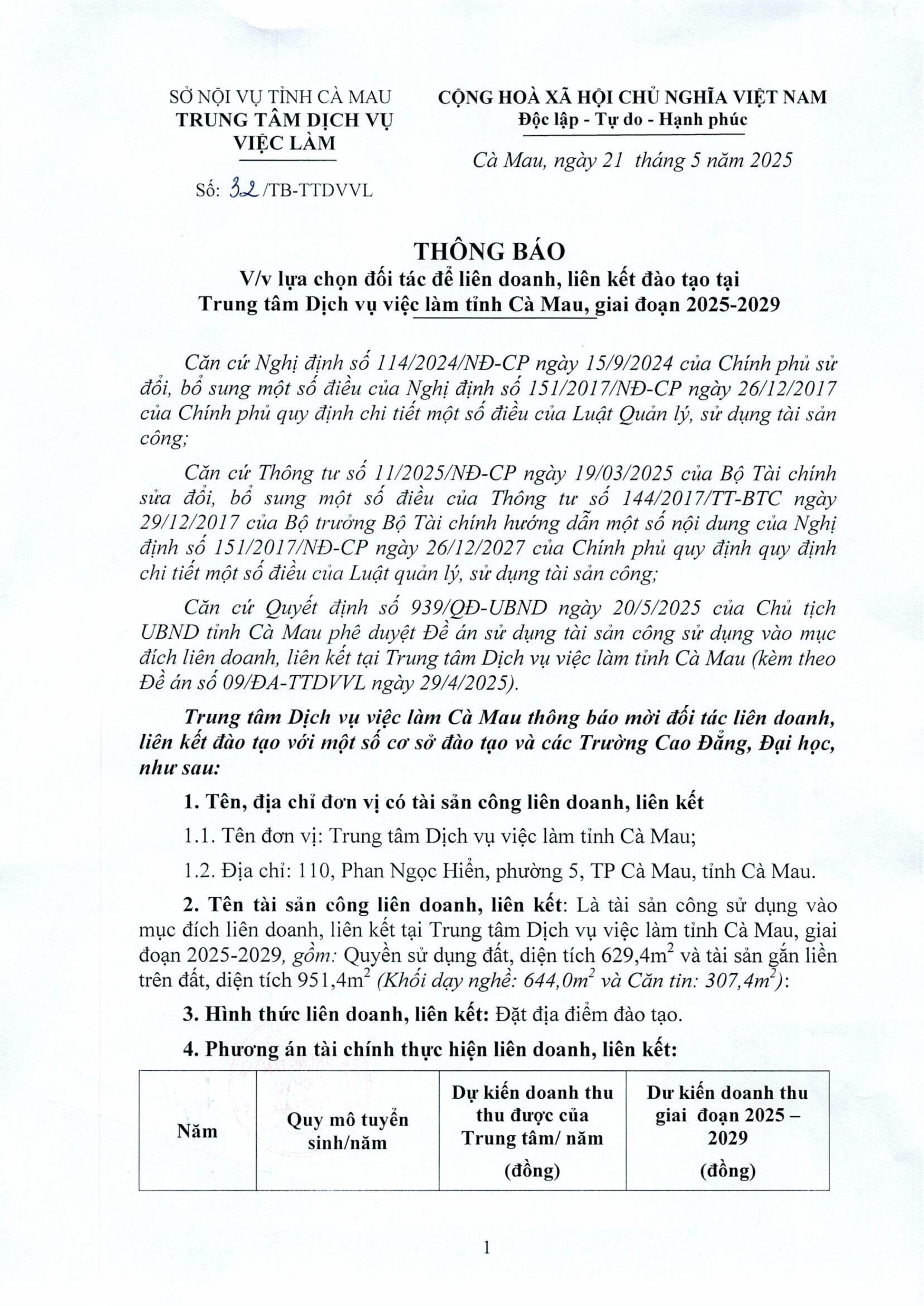 Thông báo liên doanh liên kết TTDVVLCM