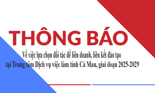 Thông báo lựa chọn đối tác để liên doanh, liên kết đào tạo tại Trung tâm Dịch vụ việc làm tỉnh Cà Mau, giai đoạn 2025-2029