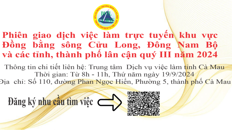 Thông  báo tham gia phiên Giao dịch việc làm trực tuyến khu vực Đồng bằng song Cửu Long, Đông Nam bộ và tỉnh, thành phố lân cận quý III năm 2024