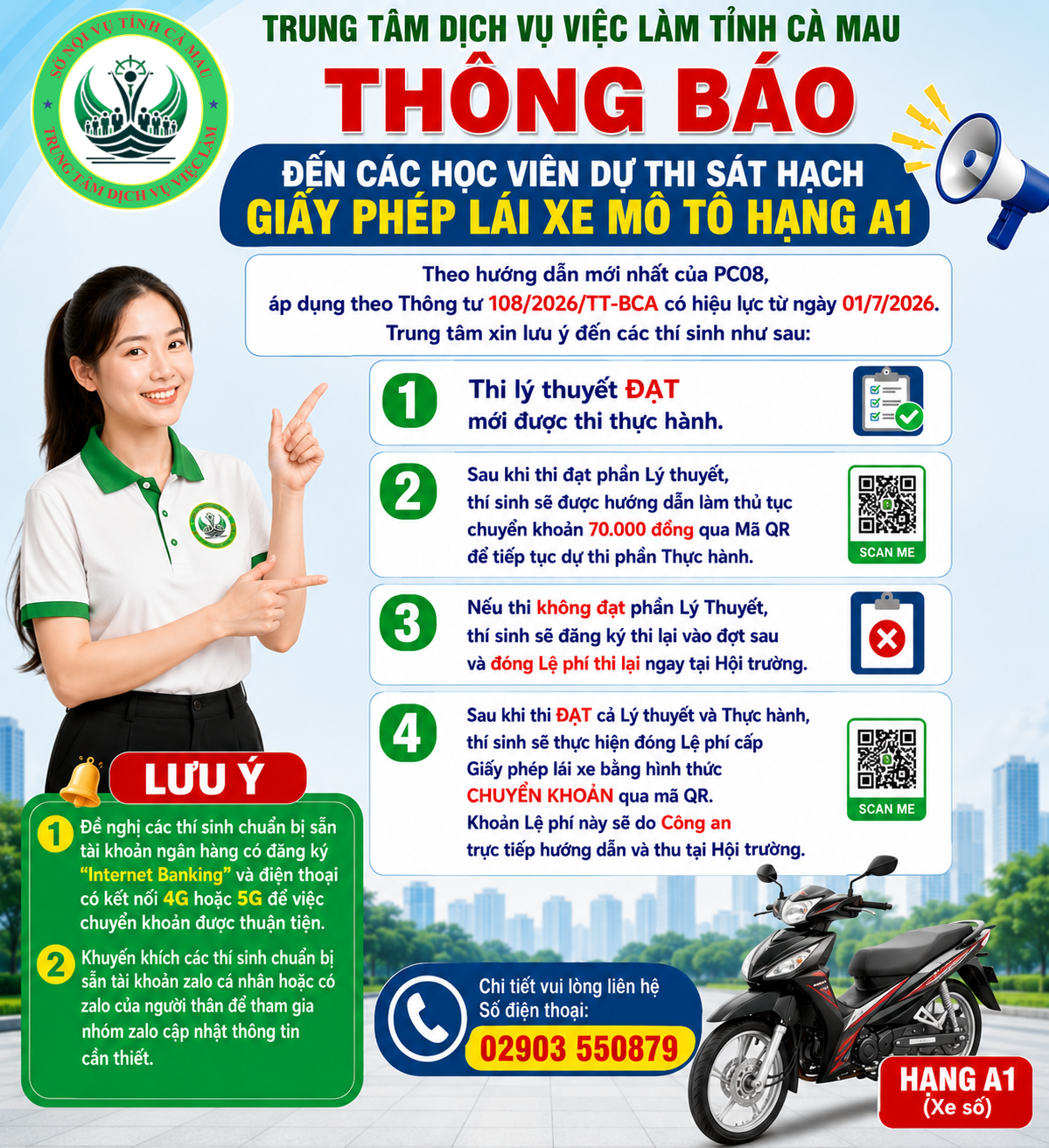 Thông báo khi thi sát hạch A1 TT DVVL Cà Mau